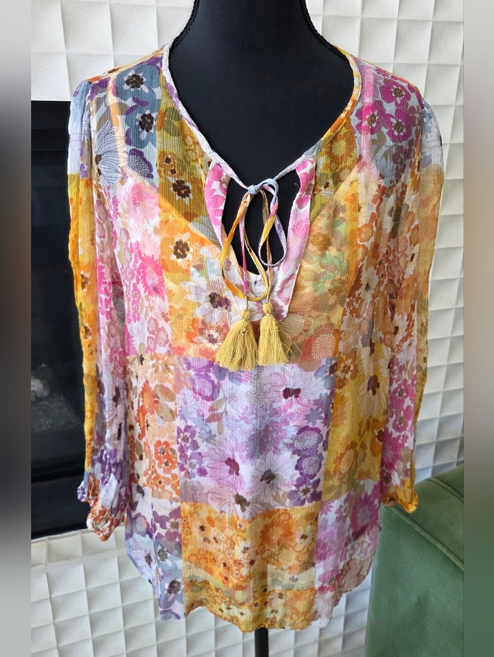 Johnny Was Becky Silk Chiffon Peasant Top Patchwork Floral Tassel Ties Small - Picture 2 of 12